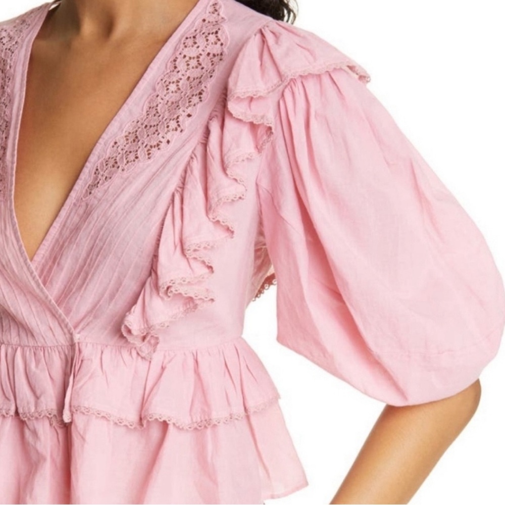 Farm Rio Punk Ruffle Puff Sleeve Wrap Blouse - Picture 4 of 10